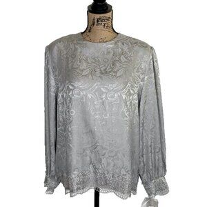 Brownstone Studio Silk Top Size 20 Floral Embroidered Crochet‎ Hem Gray Vintage